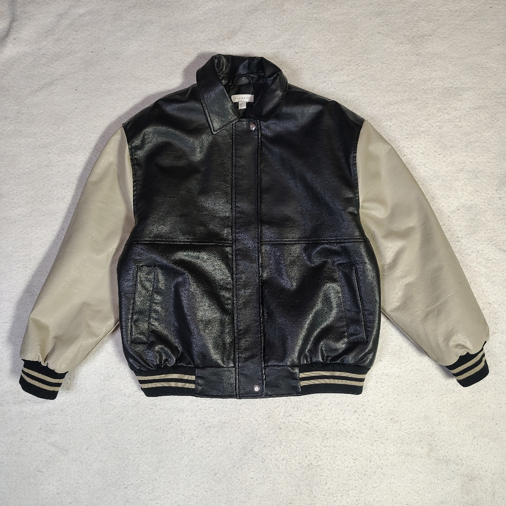 Topshop Varsity Jacket Womens Small Black Beige Contrast Sleeve Faux Leather